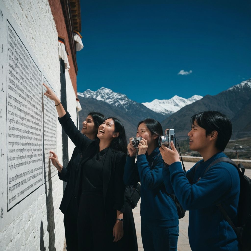 学生在西藏纳木错湖边使用手机进行研学